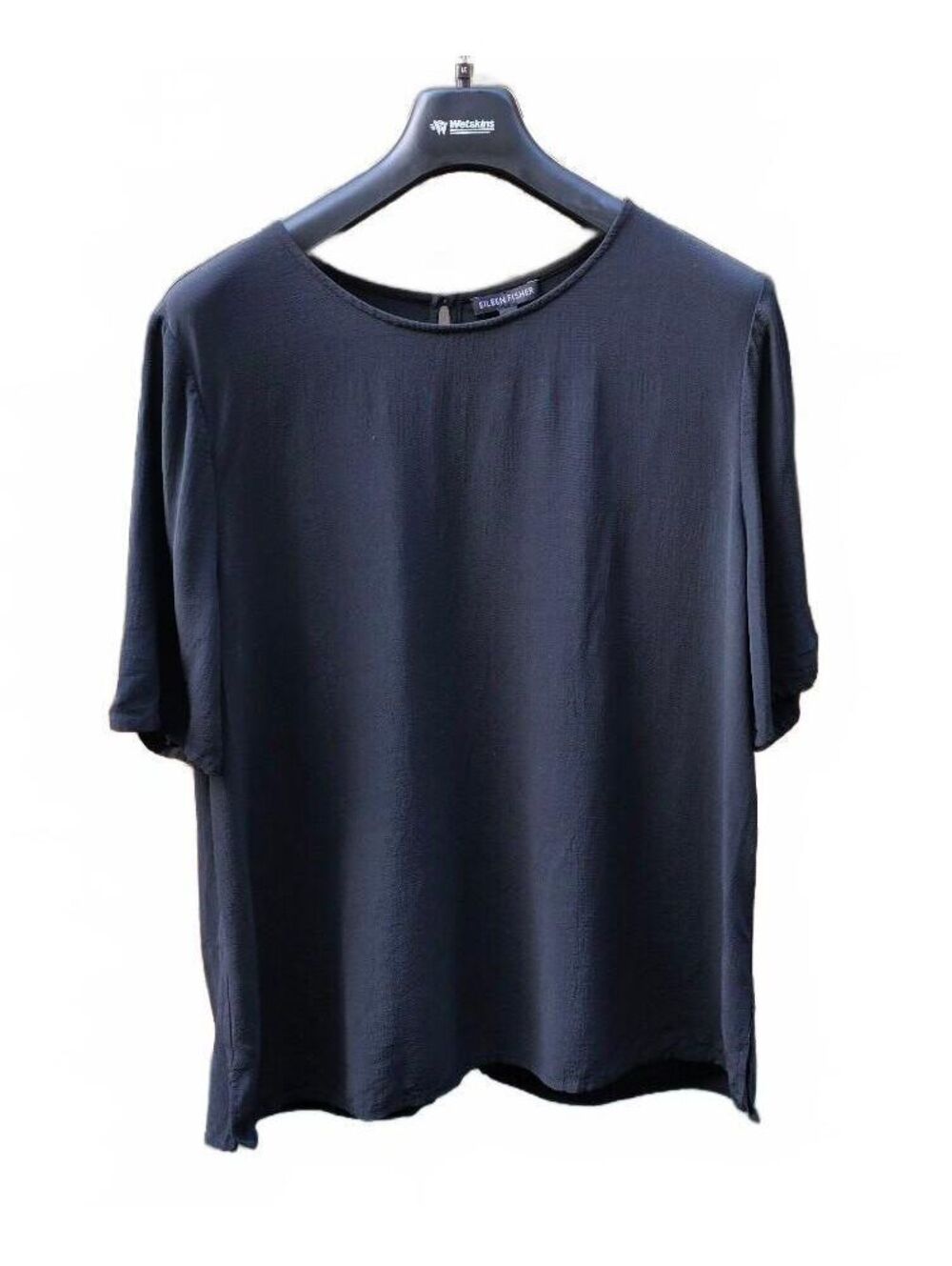 EILEEN FISHER Black Short Sleeve Boxy Blouse Size M Elongated Keyhole Back